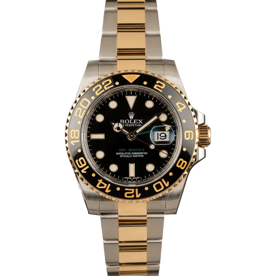 Rolex GMT-Master II 116713LN with a black dial and black ceramic bezel in steel and yellow gold on an Oyster bracelet, a pre-owned example, front view of the whole watch