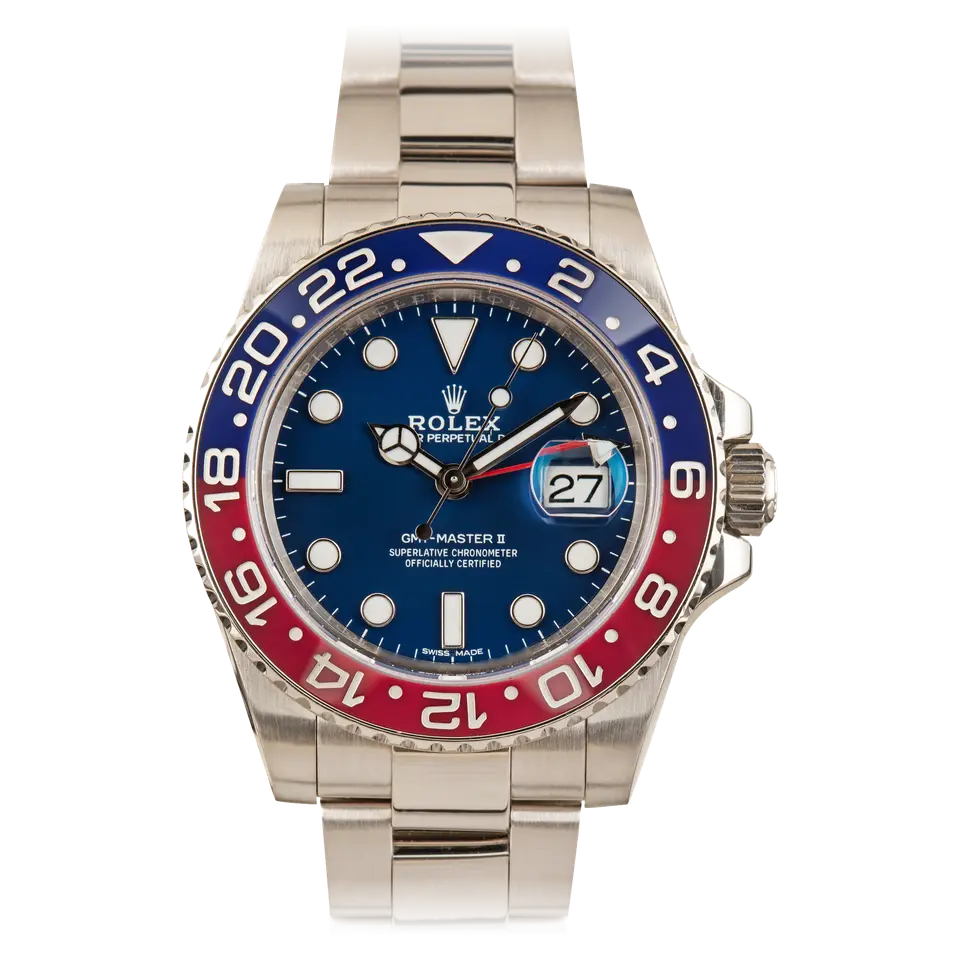 Rolex GMT-Master II 116719BLRO with a blue dial and red and blue ceramic bezel in white gold on an Oyster bracelet, a pre-owned example, front view of the whole watch
