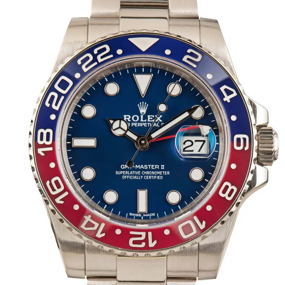 Rolex GMT-Master II 116719BLRO with a blue dial and red and blue ceramic bezel in white gold on an Oyster bracelet, a pre-owned example, studio close-up of the case