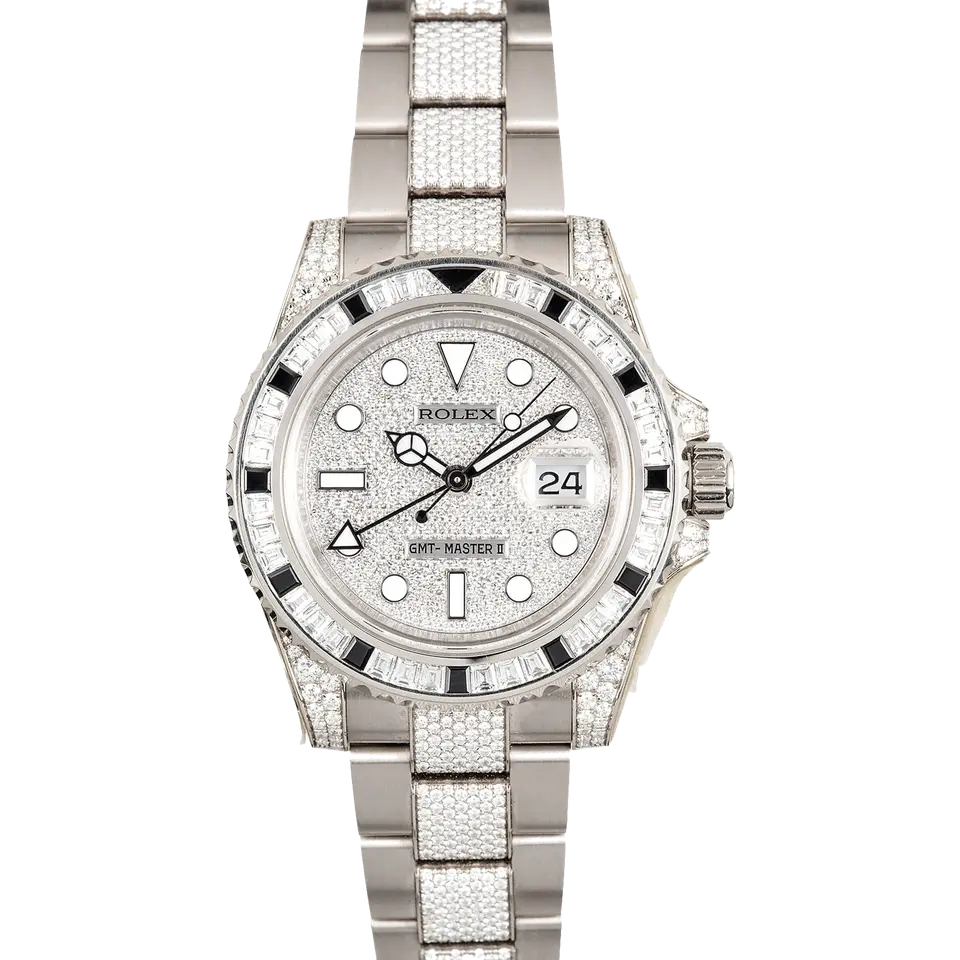 Rolex GMT-Master II 116759SANR with a pavé diamond dial, sapphire and diamond-set bezel and diamond-set white gold Oyster bracelet, a pre-owned example, front view of the whole watch