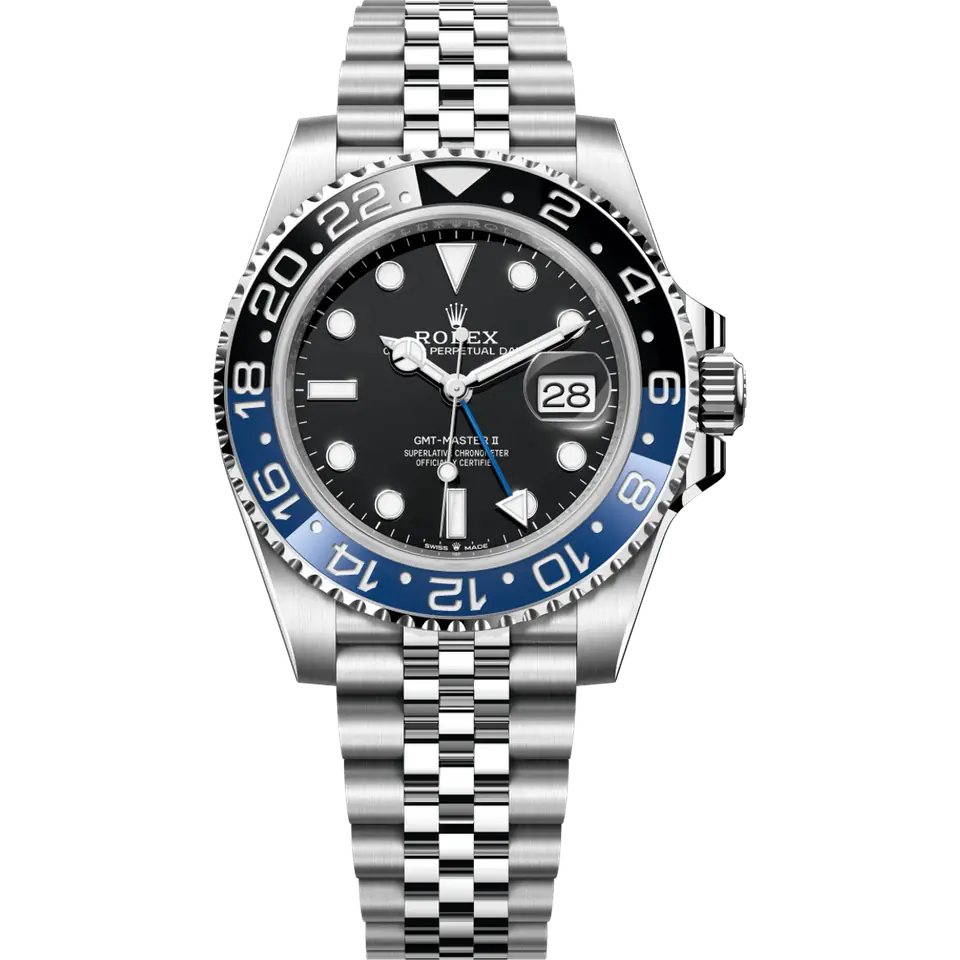Rolex GMT-Master II 126710BLNR with a black dial and blue and black ceramic bezel on a steel Jubilee bracelet, front view