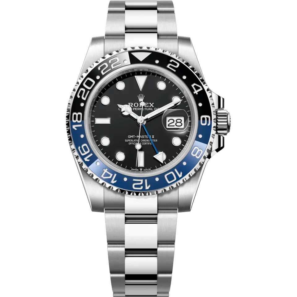 Rolex GMT-Master II 126710BLNR with a black dial and blue and black ceramic bezel on a steel Oyster bracelet, front view