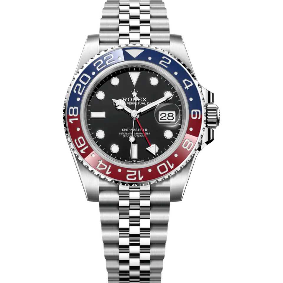 Rolex GMT-Master II 126710BLRO with a black dial and blue and red ceramic bezel on a steel Jubilee bracelet, front view