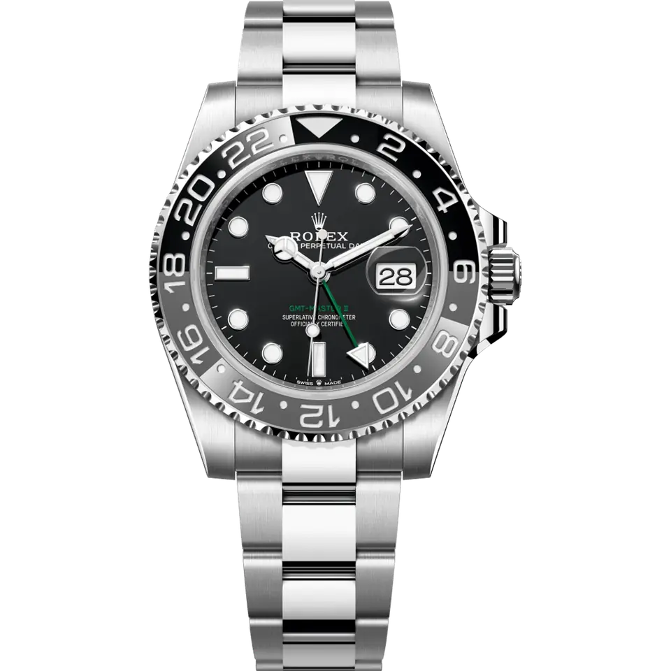 Rolex GMT-Master II 126710GRNR with a black dial, green GMT hand and grey and black ceramic bezel on a steel Oyster bracelet, front view