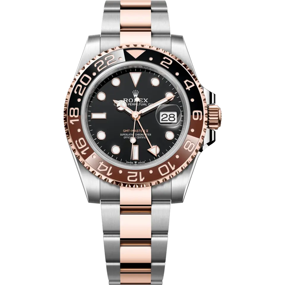Rolex GMT-Master II 126711CHNR with a black dial and brown and black ceramic bezel, in steel and Everose gold on an Oyster bracelet, front view