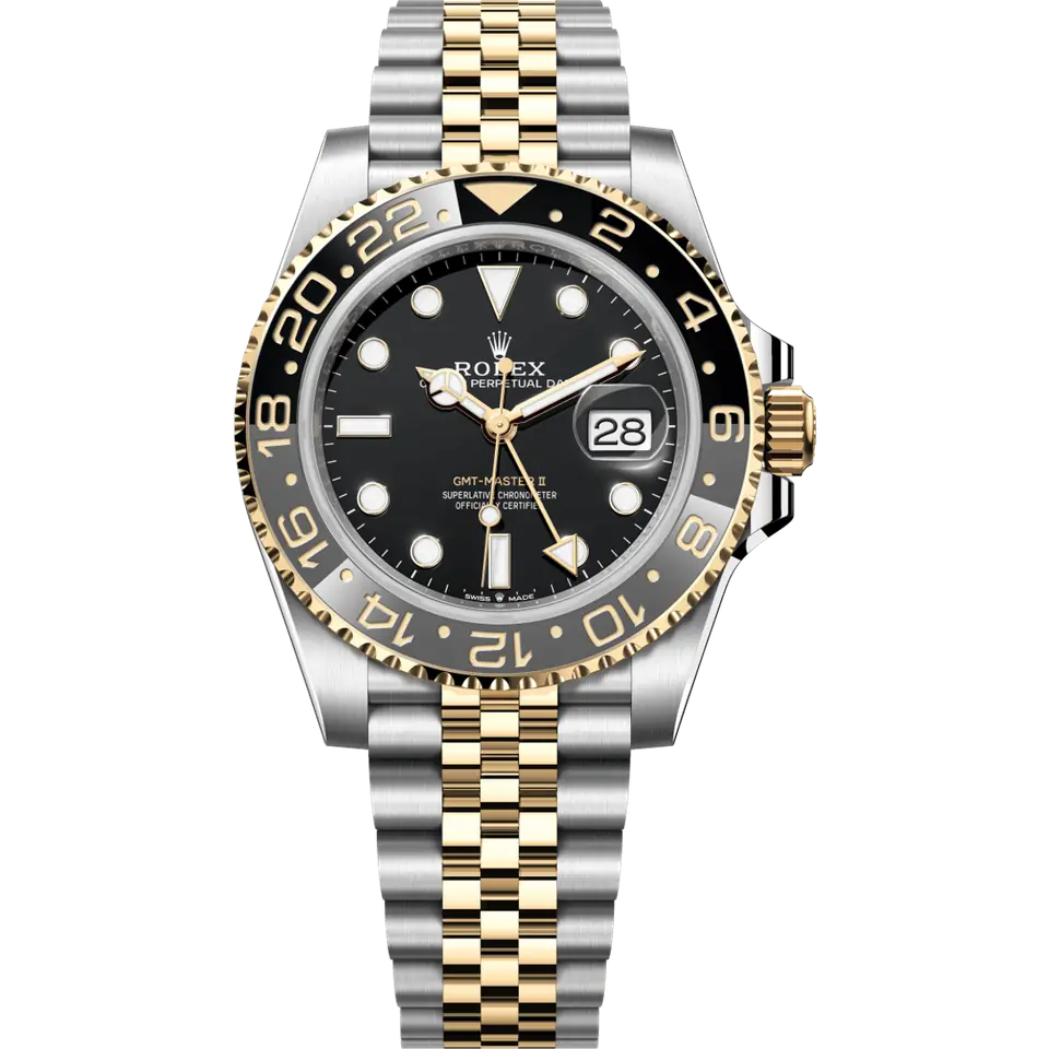Rolex GMT-Master II 126713GRNR with a black dial and a grey and black ceramic bezel on a yellow Rolesor Jubilee bracelet, front view