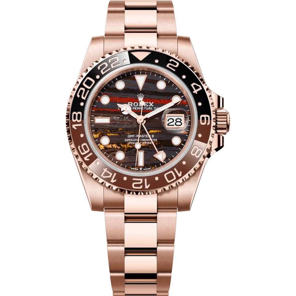 Rolex GMT-Master II 126715CHNR with a Tiger Iron stone dial and a brown and black Cerachrom bezel on an Everose gold Oyster bracelet, front view