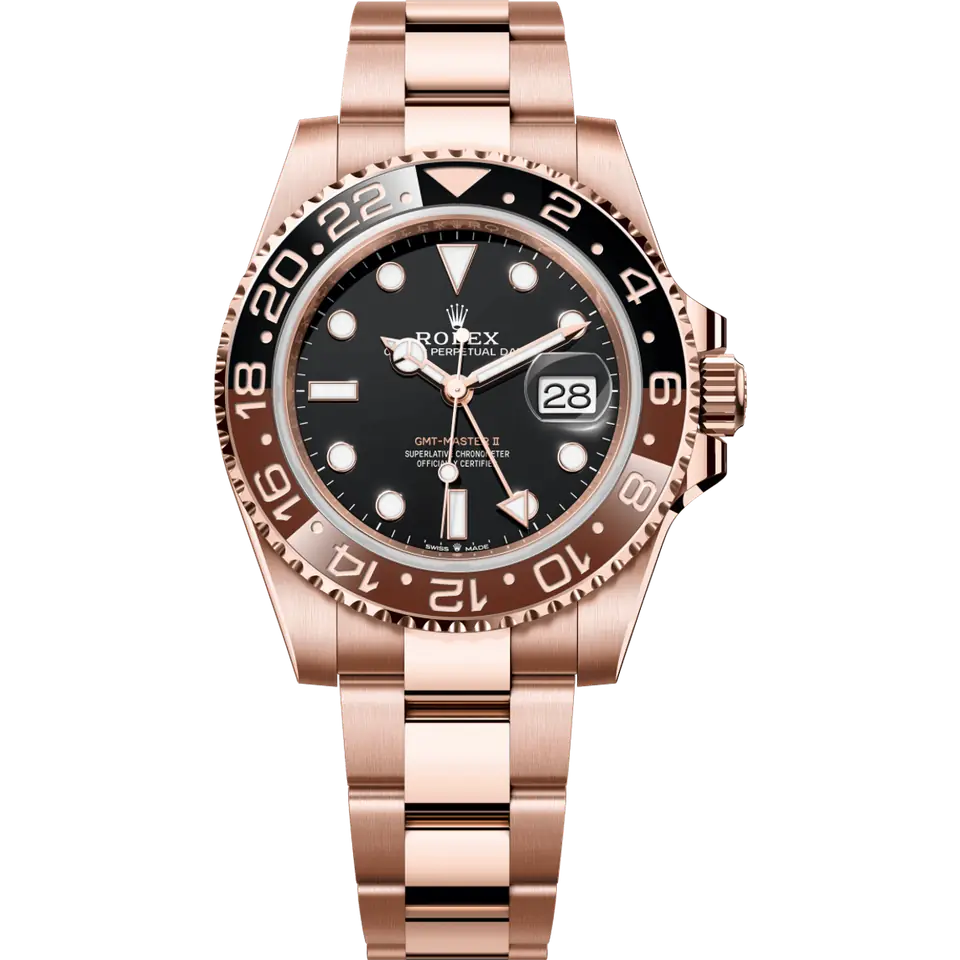 Rolex GMT-Master II 126715CHNR with a black dial and a brown and black ceramic bezel on an Everose gold Oyster bracelet, front view