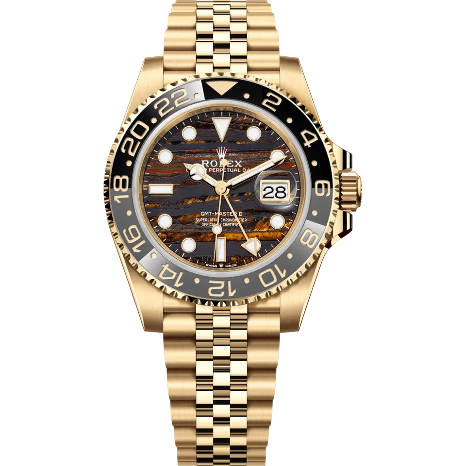 Rolex GMT-Master II 126718GRNR with a Tiger Iron stone dial and a grey and black Cerachrom bezel on a yellow gold Jubilee bracelet, front view