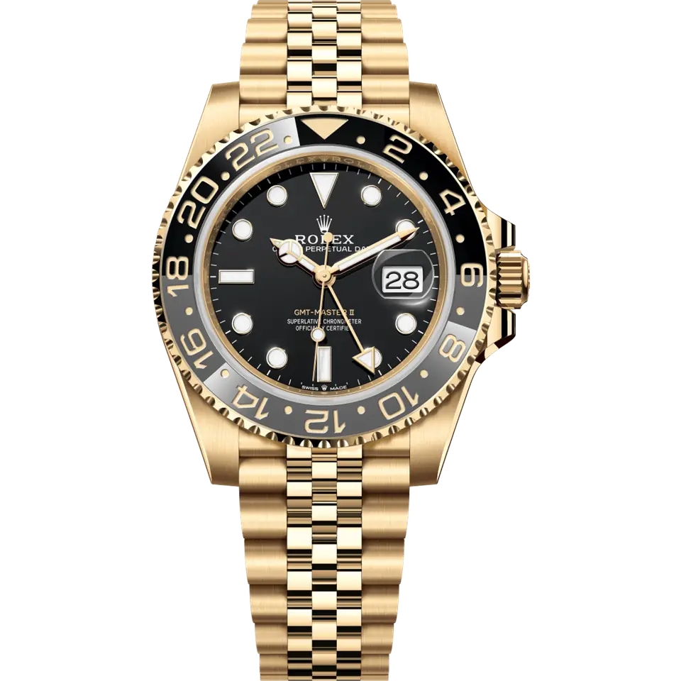 Rolex GMT-Master II 126718GRNR with a black dial and a grey and black ceramic bezel on a yellow gold Jubilee bracelet, front view