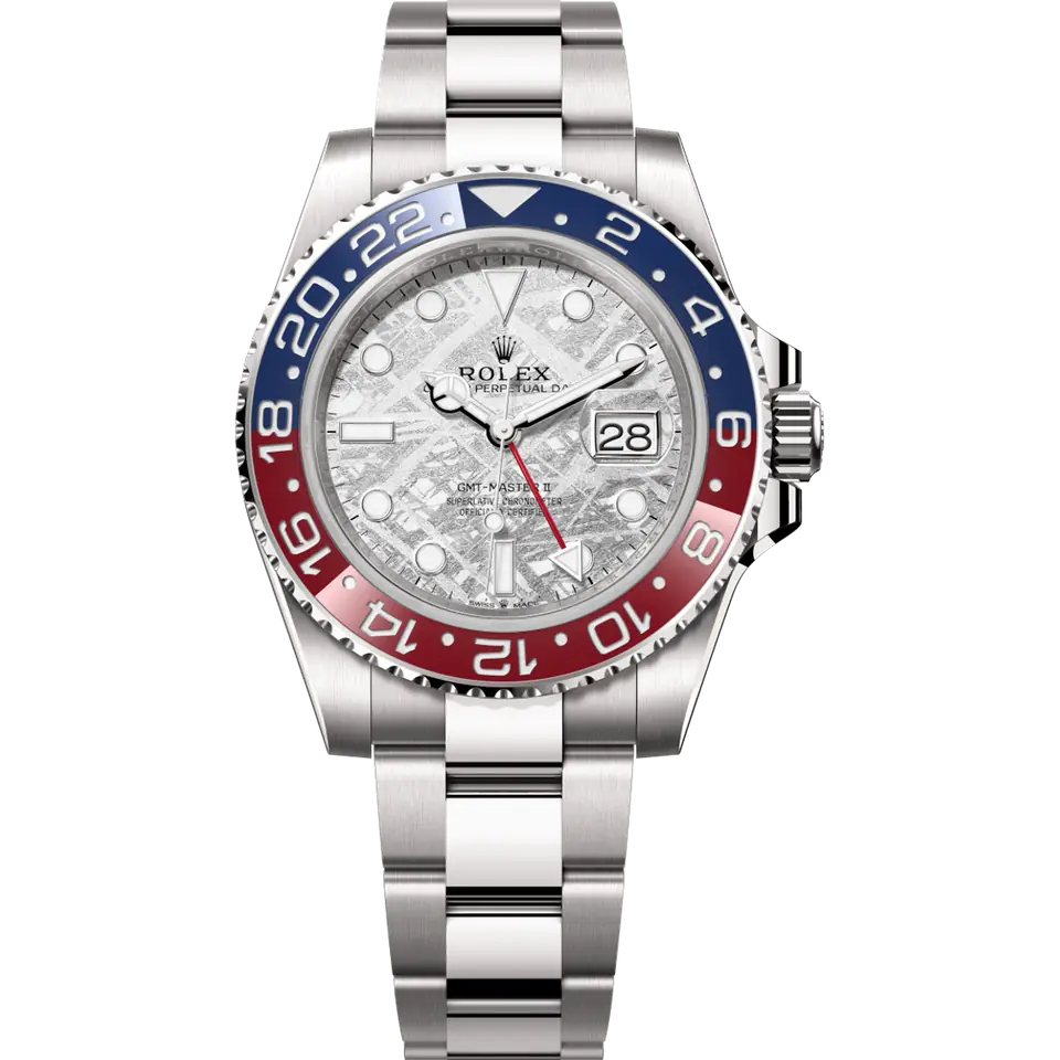 Rolex GMT-Master II 126719BLRO with a meteorite dial and a blue and red Cerachrom bezel on a white gold Oyster bracelet, front view