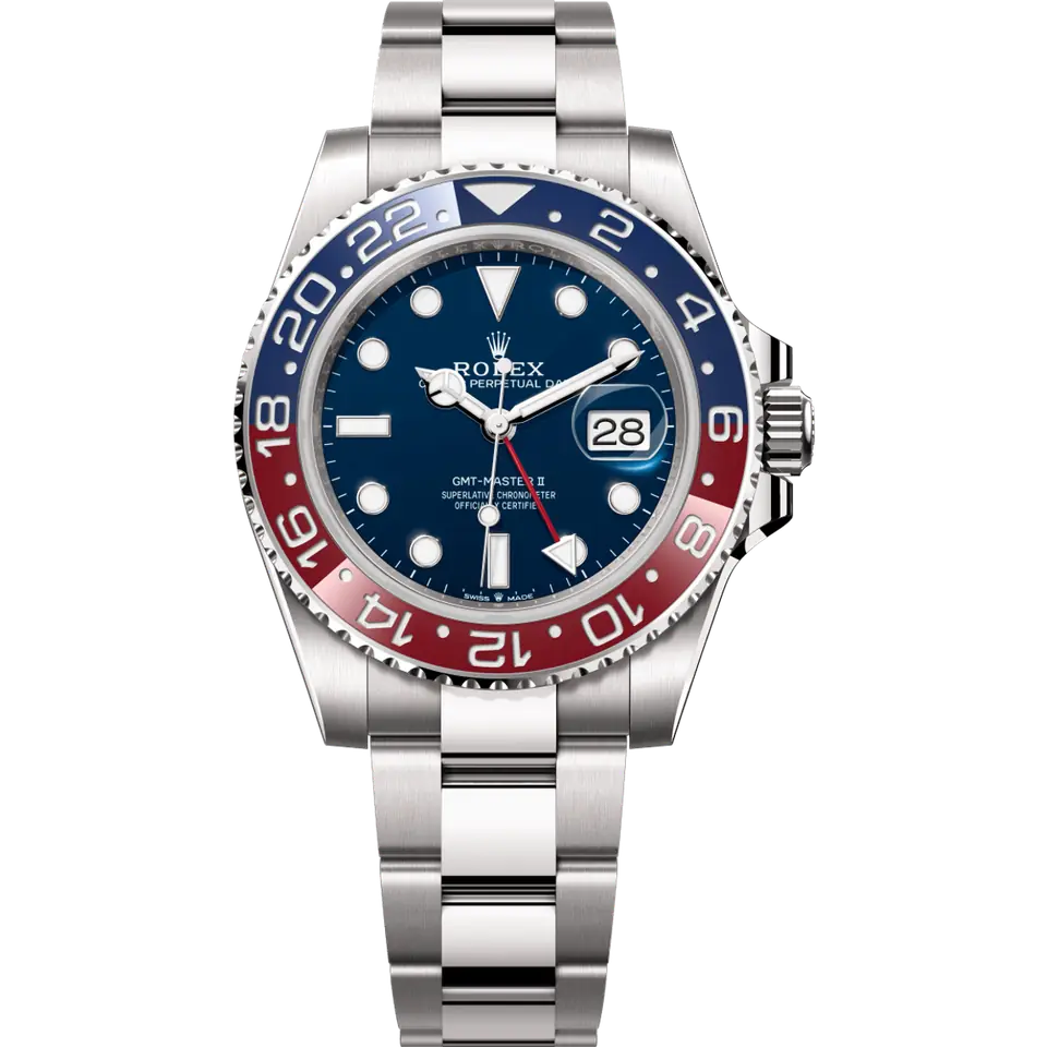 Rolex GMT-Master II 126719BLRO with a blue dial and a blue and red ceramic bezel on a white gold Oyster bracelet, front view