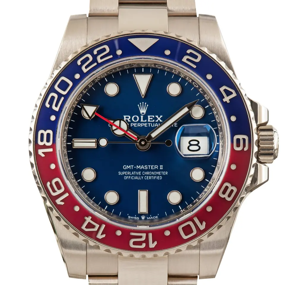 Rolex GMT-Master II 126719BLRO with a blue dial and a blue and red ceramic bezel, a pre-owned example, studio close-up of the case