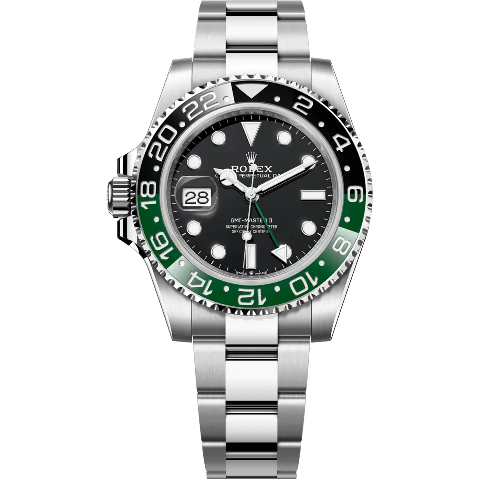Rolex GMT-Master II 126720VTNR with a black dial, left-hand crown and a green and black ceramic bezel on an Oyster bracelet, front view