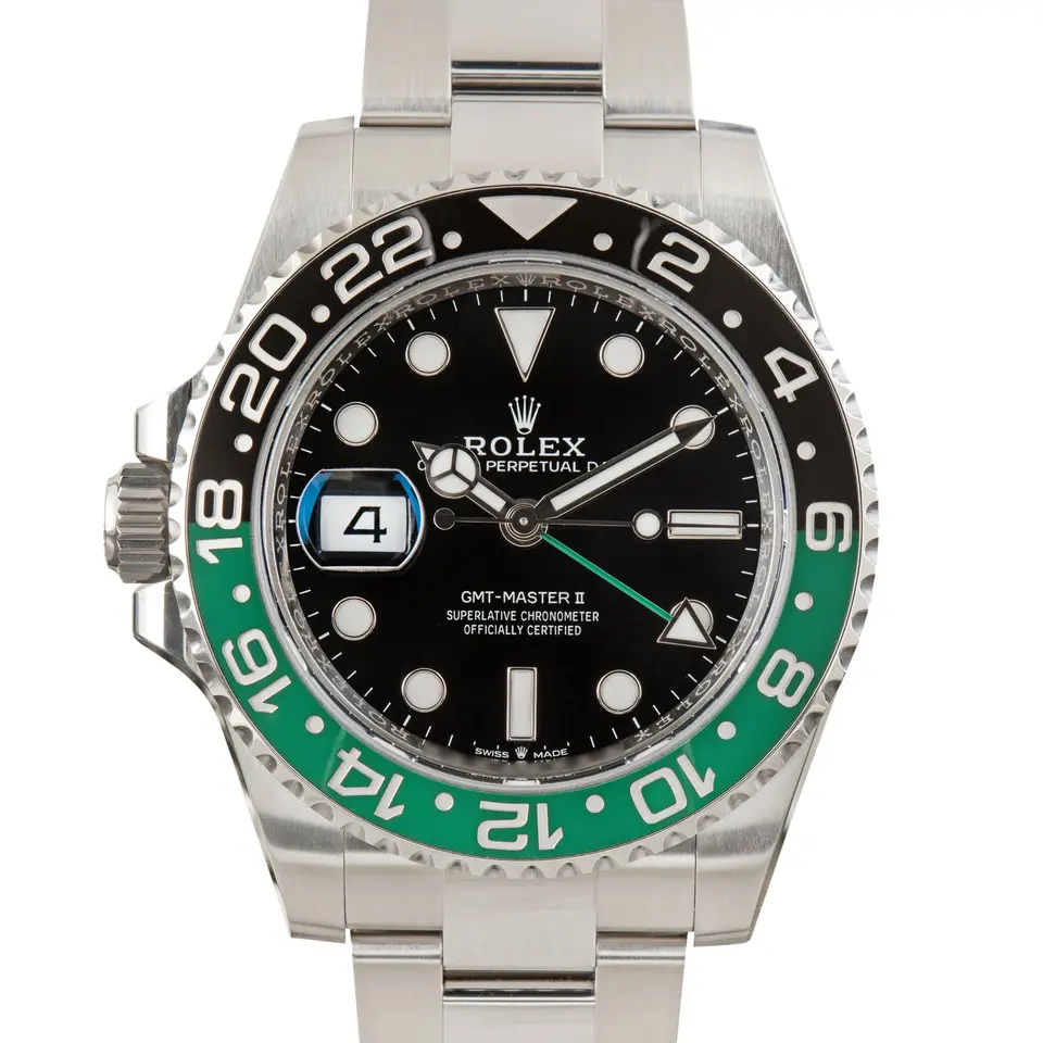 Rolex GMT-Master II 126720VTNR with a black dial, left-hand crown and a green and black ceramic bezel, a pre-owned example, studio close-up of the case
