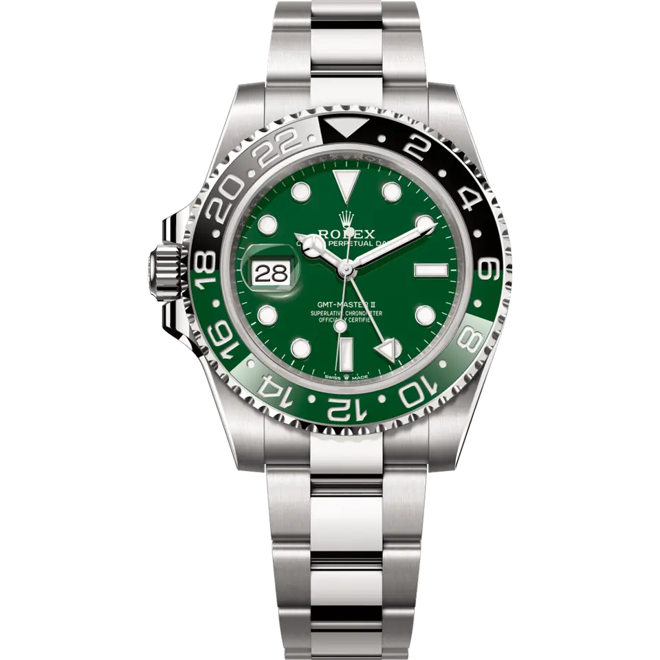 Rolex GMT-Master II 126729VTNR with a green dial, left-hand crown and a green and black ceramic bezel on a white gold Oyster bracelet, front view
