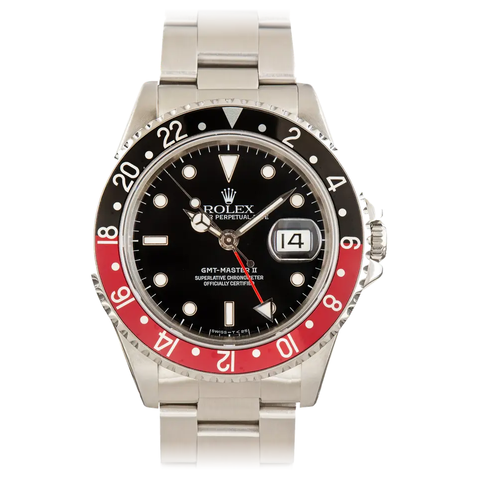 Rolex GMT-Master II 16710 with a black dial and red and black aluminium bezel insert on a steel Oyster bracelet, a pre-owned example, front view of the whole watch