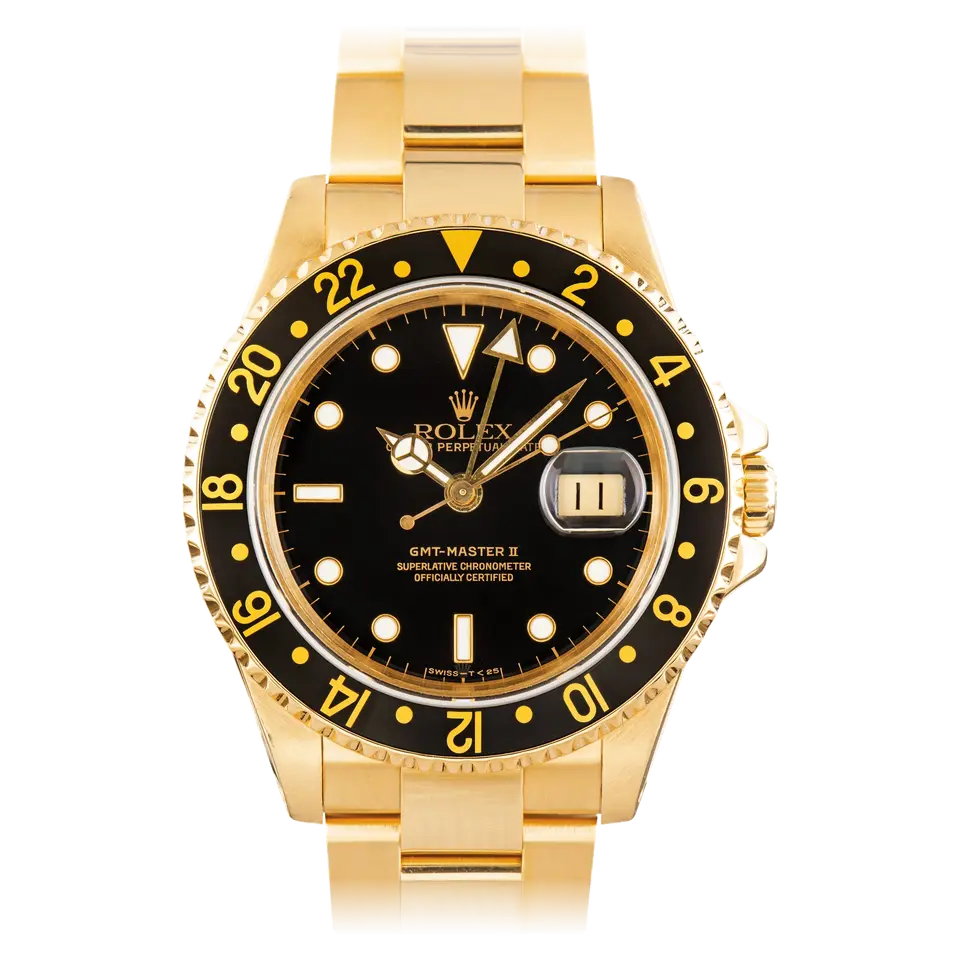 Rolex GMT-Master II 16718 with a black dial and black bezel in yellow gold on an Oyster bracelet, a pre-owned example, front view of the whole watch