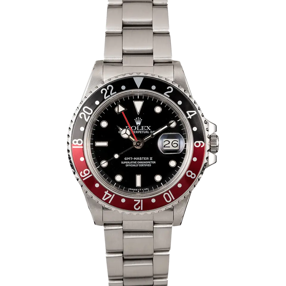 Rolex GMT-Master II 16760 with a black dial and red and black aluminium bezel insert on a steel Oyster bracelet, a pre-owned example, front view of the whole watch
