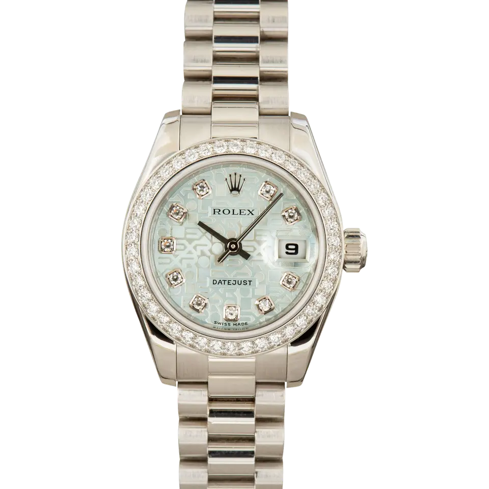 Rolex Lady-Datejust 179136 with an ice-blue Jubilee dial with diamond hour markers, diamond-set bezel and platinum President bracelet, a pre-owned example, front view of the whole watch