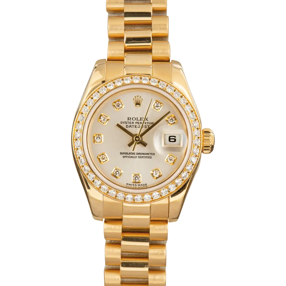 Rolex Lady-Datejust 179138 with a mother-of-pearl dial with diamond hour markers, diamond-set bezel and yellow gold President bracelet, a pre-owned example, front view of the whole watch