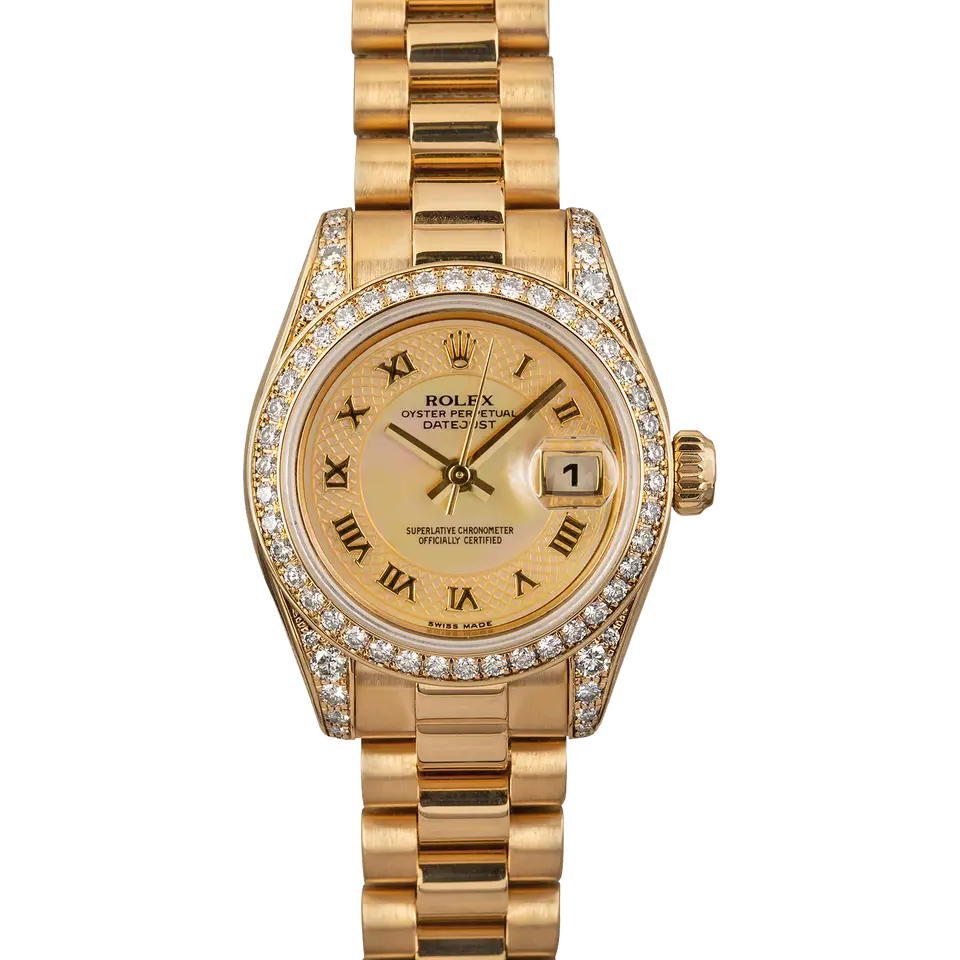 Rolex Lady-Datejust 26 179158 with a champagne Roman-numeral dial, diamond-set bezel and lugs and yellow gold President bracelet, a pre-owned example, front view of the whole watch
