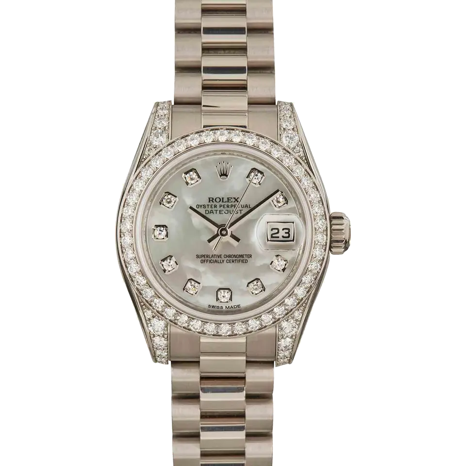 Rolex Lady-Datejust 179159 with a mother-of-pearl dial with diamond hour markers, diamond-set bezel and lugs and white gold President bracelet, a pre-owned example, front view of the whole watch