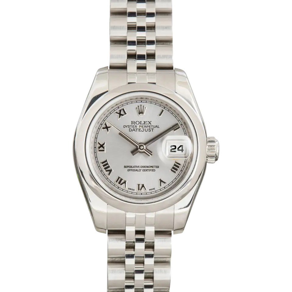 Rolex Lady-Datejust 179160 with a silver dial with Roman numerals and smooth steel bezel on a Jubilee bracelet, a pre-owned example, front view of the whole watch