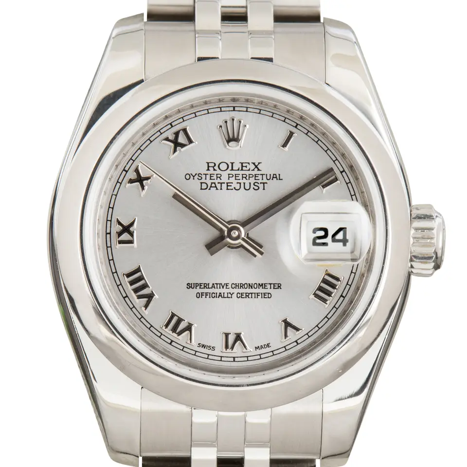 Rolex Lady-Datejust 179160 with a silver dial with Roman numerals and smooth steel bezel on a Jubilee bracelet, a pre-owned example, studio close-up of the case