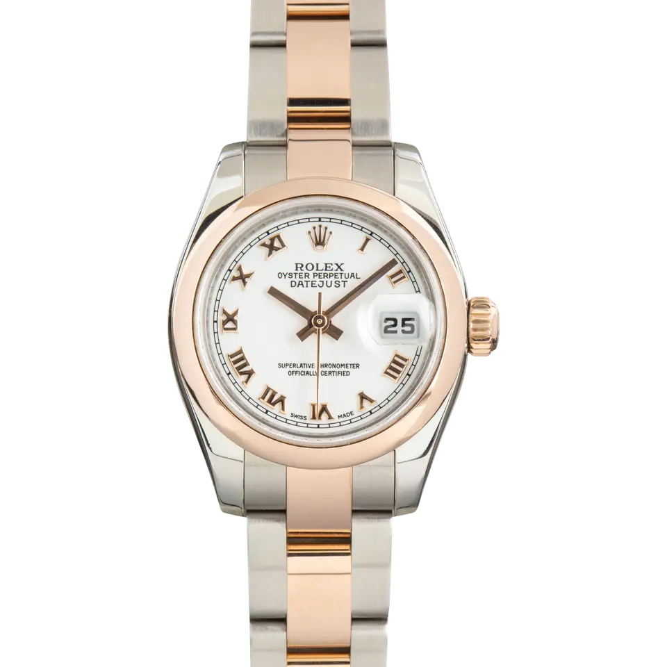 Rolex Lady-Datejust 26 179161 with a white Roman-numeral dial, smooth Everose gold bezel and steel and Everose gold Oyster bracelet, a pre-owned example, front view of the whole watch