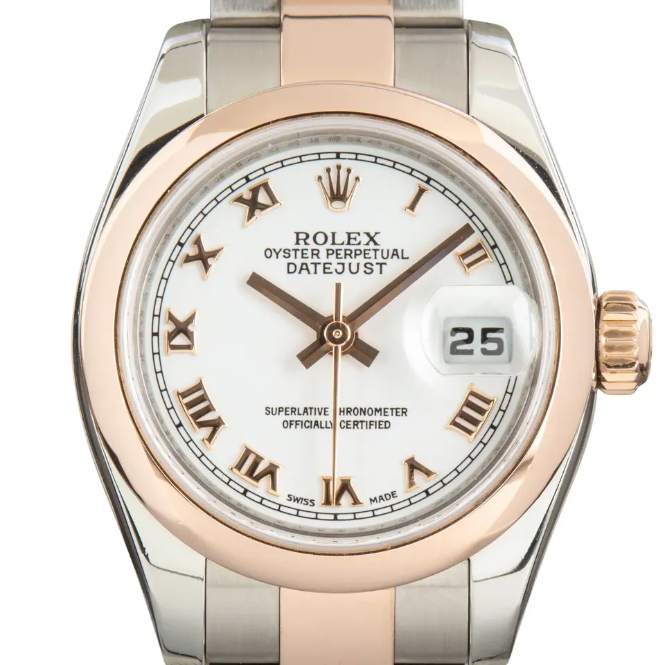 Rolex Lady-Datejust 26 179161 with a white Roman-numeral dial, smooth Everose gold bezel and steel and Everose gold Oyster bracelet, a pre-owned example, studio close-up of the case
