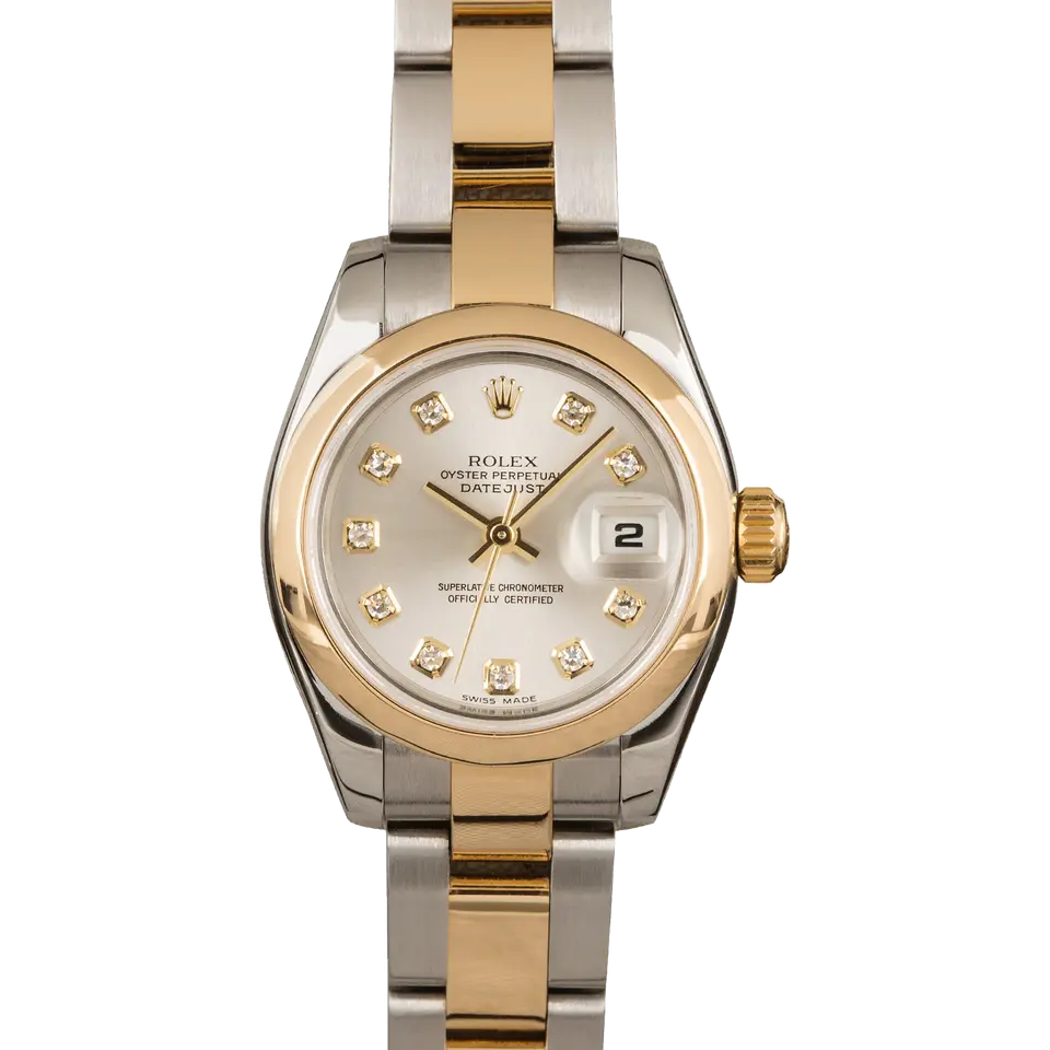 Rolex Lady-Datejust 179163 with a silver dial with diamond markers and smooth yellow gold bezel in steel and yellow gold on an Oyster bracelet, a pre-owned example, front view of the whole watch