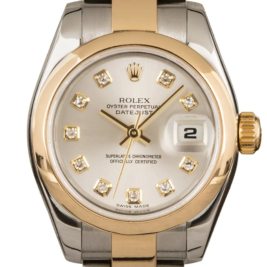 Rolex Lady-Datejust 179163 with a silver dial with diamond markers and smooth yellow gold bezel in steel and yellow gold on an Oyster bracelet, a pre-owned example, studio close-up of the case