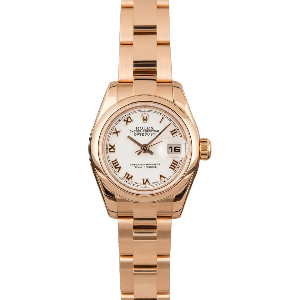 Rolex Lady-Datejust 179165 with a white Roman-numeral dial, smooth Everose gold bezel and Everose gold President bracelet, a pre-owned example, front view of the whole watch