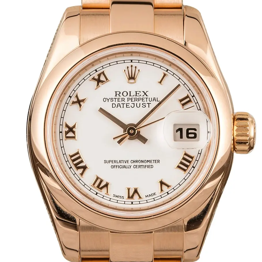 Rolex Lady-Datejust 179165 with a white Roman-numeral dial, smooth Everose gold bezel and Everose gold President bracelet, a pre-owned example, studio close-up of the case