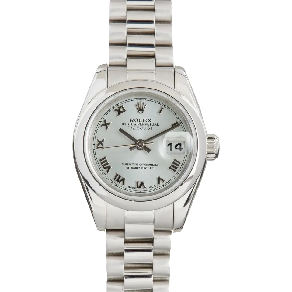 Rolex Lady-Datejust 179166 with an ice-blue Roman-numeral dial, smooth platinum bezel and platinum President bracelet, a pre-owned example, front view of the whole watch