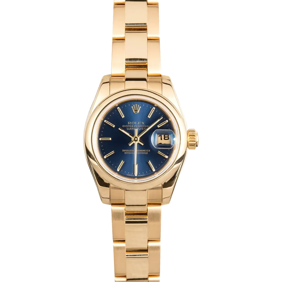 Rolex Lady-Datejust 26 179168 with a blue dial, fluted yellow gold bezel and yellow gold President bracelet, a pre-owned example, front view of the whole watch