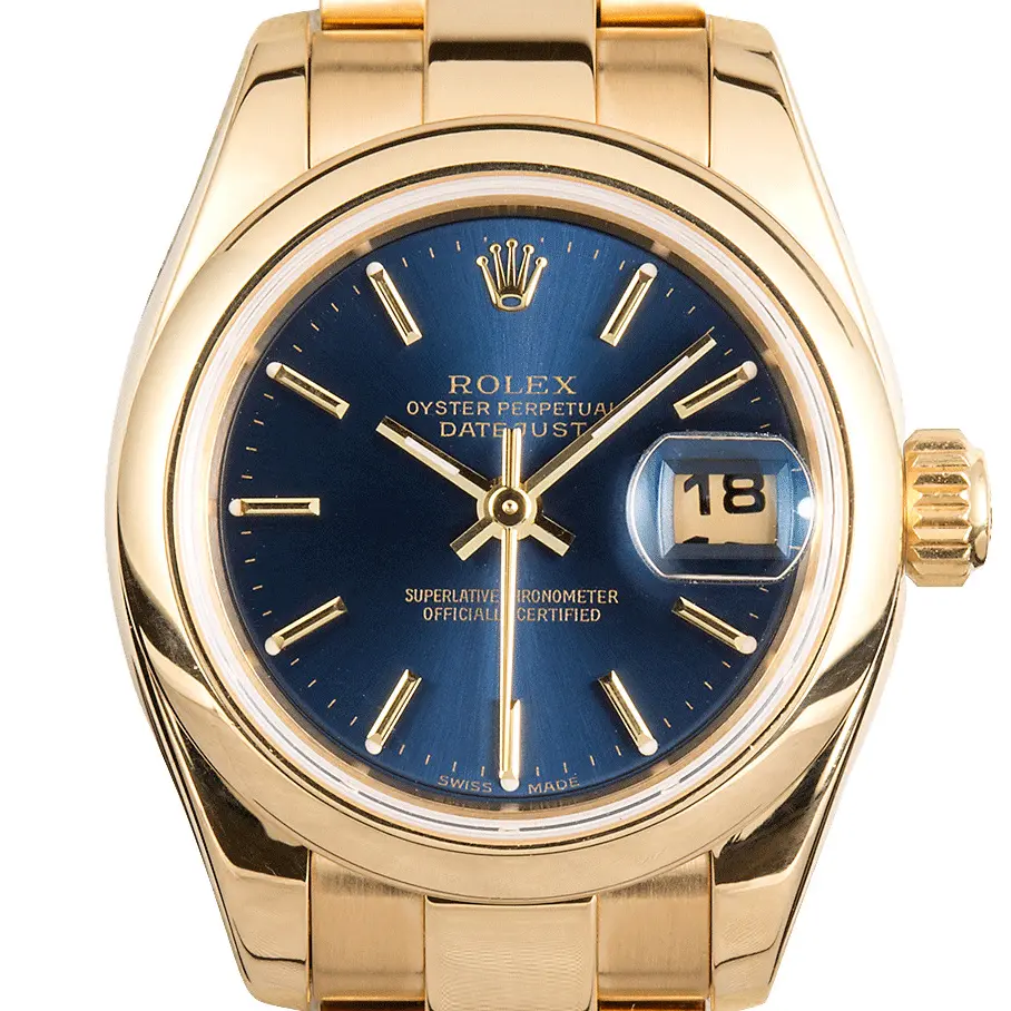 Rolex Lady-Datejust 26 179168 with a blue dial, fluted yellow gold bezel and yellow gold President bracelet, a pre-owned example, studio close-up of the case