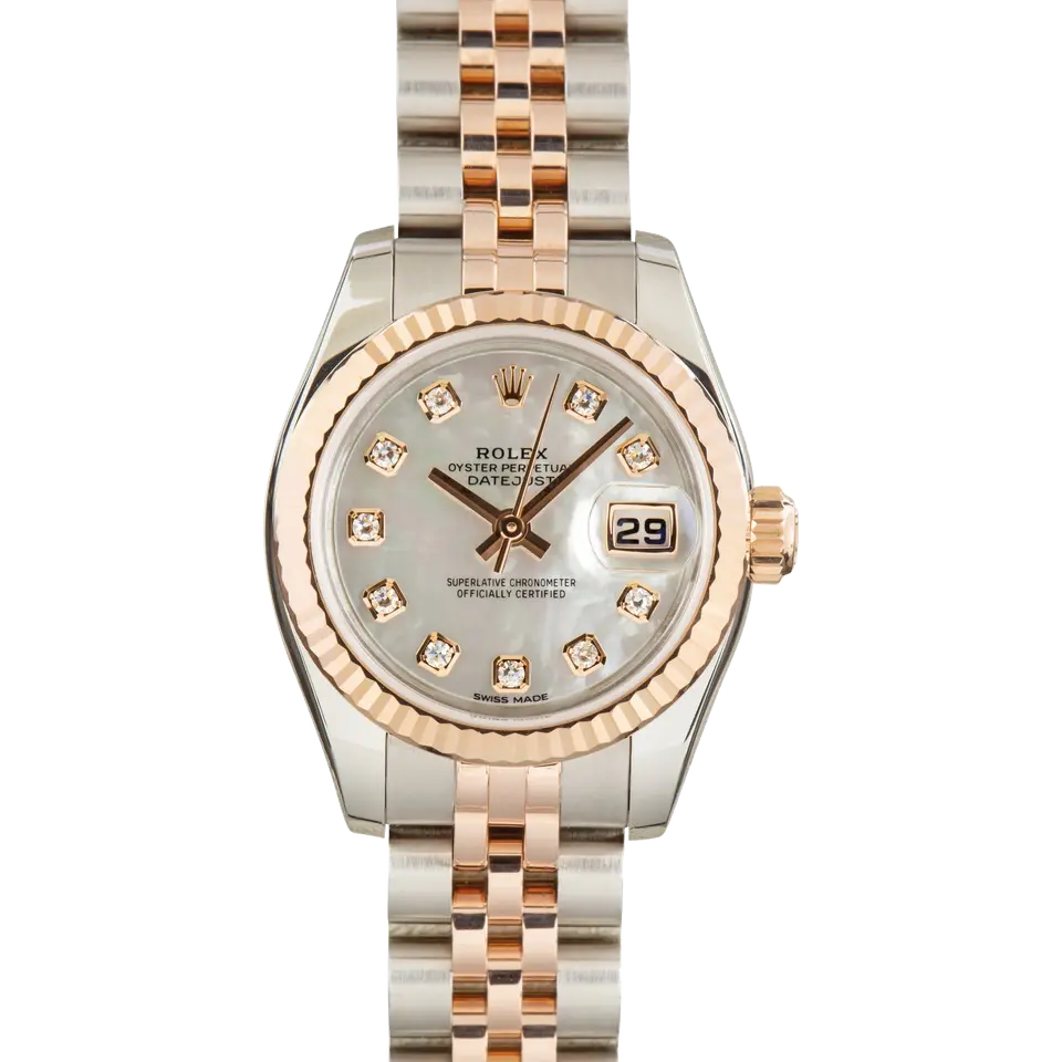 Rolex Lady-Datejust 26 179171 with a mother-of-pearl dial with diamond hour markers, fluted Everose gold bezel and steel and Everose gold Jubilee bracelet, a pre-owned example, front view of the whole watch