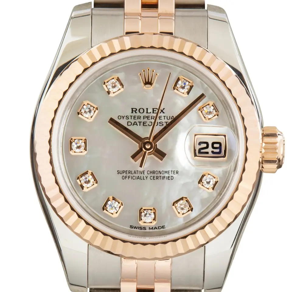 Rolex Lady-Datejust 26 179171 with a mother-of-pearl dial with diamond hour markers, fluted Everose gold bezel and steel and Everose gold Jubilee bracelet, a pre-owned example, studio close-up of the case