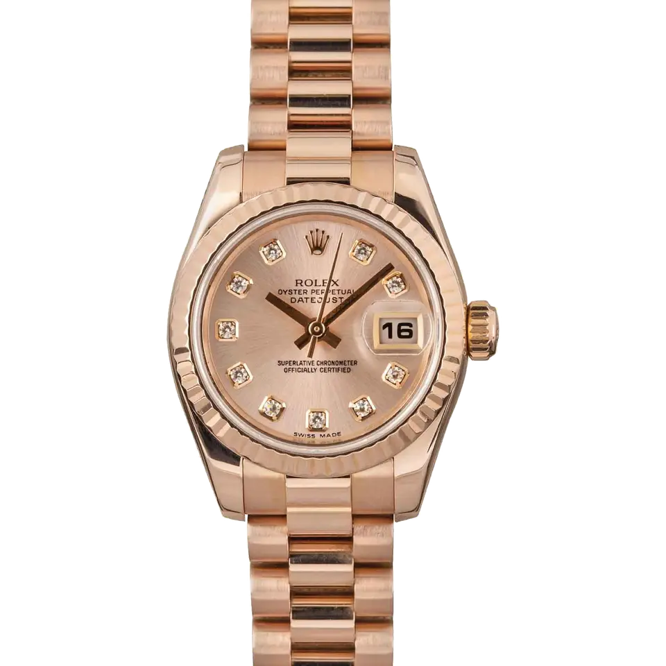 Rolex Lady-Datejust 26 179175 with a pink dial with diamond hour markers, fluted Everose gold bezel and Everose gold President bracelet, a pre-owned example, front view of the whole watch