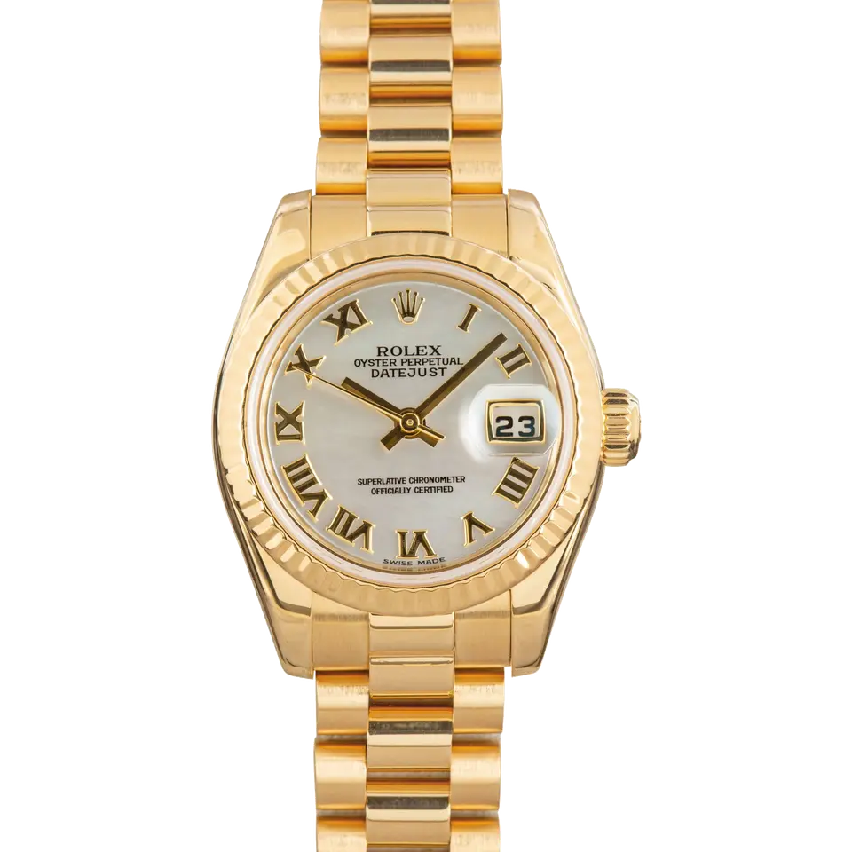 Rolex Lady-Datejust 26 179178 with a mother-of-pearl Roman-numeral dial, fluted yellow gold bezel and yellow gold President bracelet, a pre-owned example, front view of the whole watch