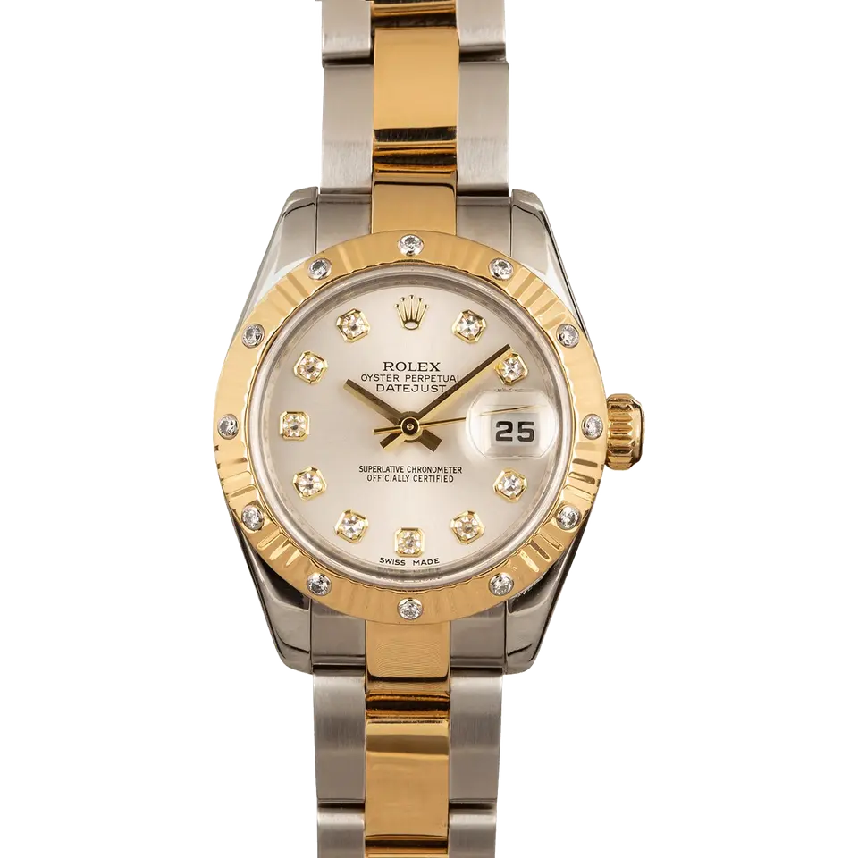 Rolex Lady-Datejust 26 179313 with a silver dial with diamond hour markers, yellow gold bezel with diamonds and steel and gold Oyster bracelet, a pre-owned example, front view of the whole watch
