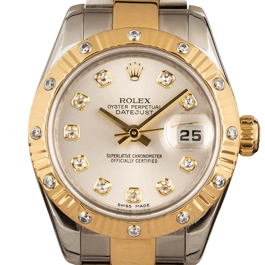 Rolex Lady-Datejust 26 179313 with a silver dial with diamond hour markers, yellow gold bezel with diamonds and steel and gold Oyster bracelet, a pre-owned example, studio close-up of the case