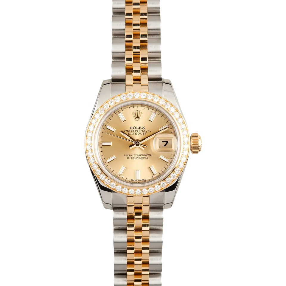 Rolex Lady-Datejust 26 179383 with a champagne dial, diamond-set bezel and steel and gold Jubilee bracelet, a pre-owned example, front view of the whole watch