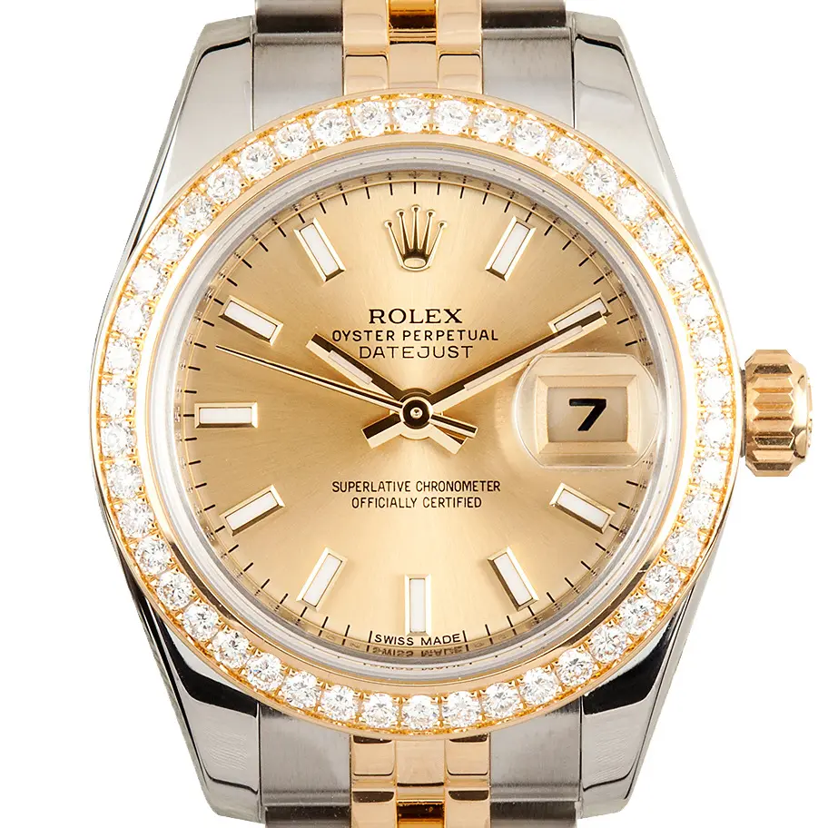 Rolex Lady-Datejust 26 179383 with a champagne dial, diamond-set bezel and steel and gold Jubilee bracelet, a pre-owned example, studio close-up of the case