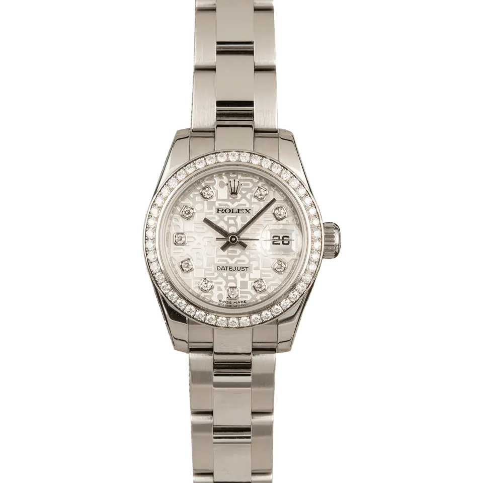 Rolex Lady-Datejust 179384 with a silver Jubilee dial with diamond hour markers, diamond-set bezel and steel Oyster bracelet, a pre-owned example, front view of the whole watch