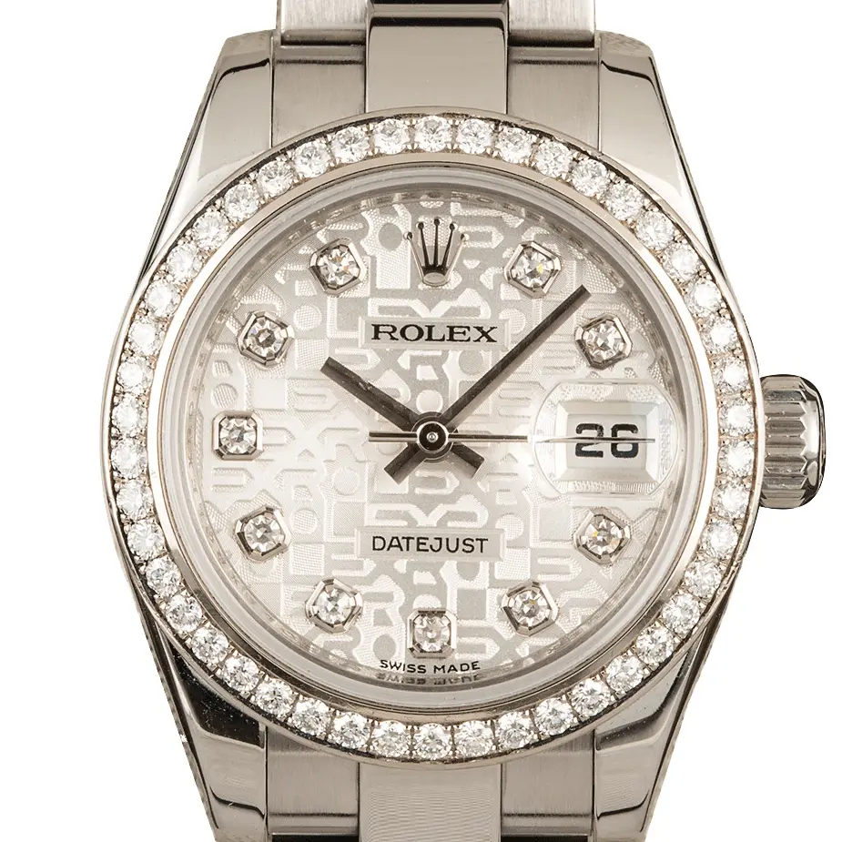 Rolex Lady-Datejust 179384 with a silver Jubilee dial with diamond hour markers, diamond-set bezel and steel Oyster bracelet, a pre-owned example, studio close-up of the case