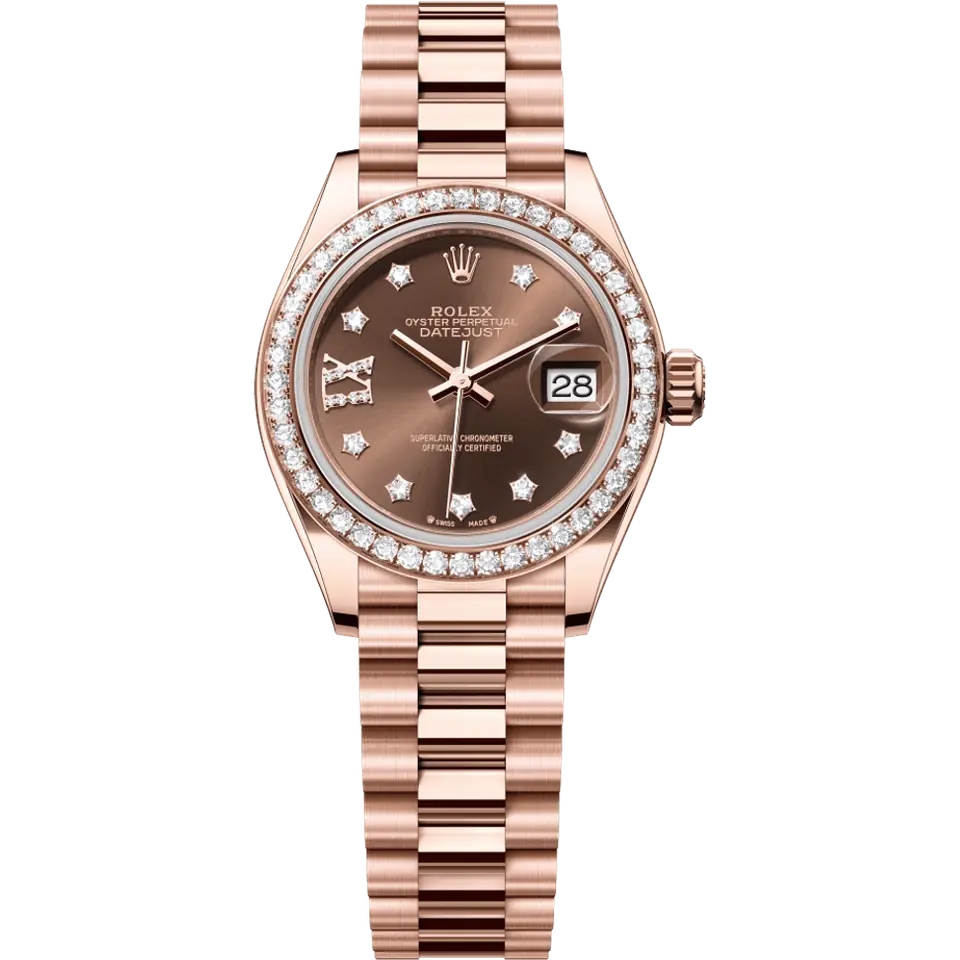 Rolex Lady-Datejust 279135RBR with a chocolate dial with diamond markers and a diamond-set bezel on an Everose gold President bracelet, front view