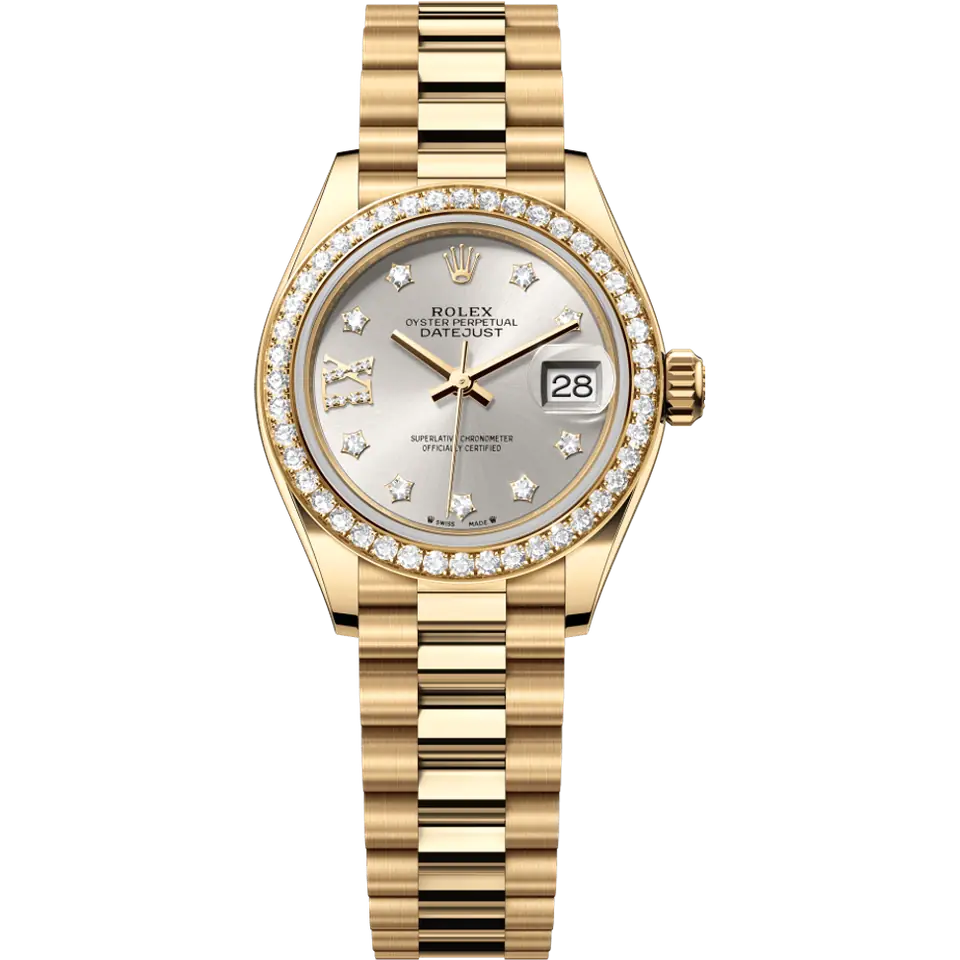 Rolex Lady-Datejust 279138RBR with a silver dial with diamond markers and a diamond-set bezel on a yellow gold President bracelet, front view